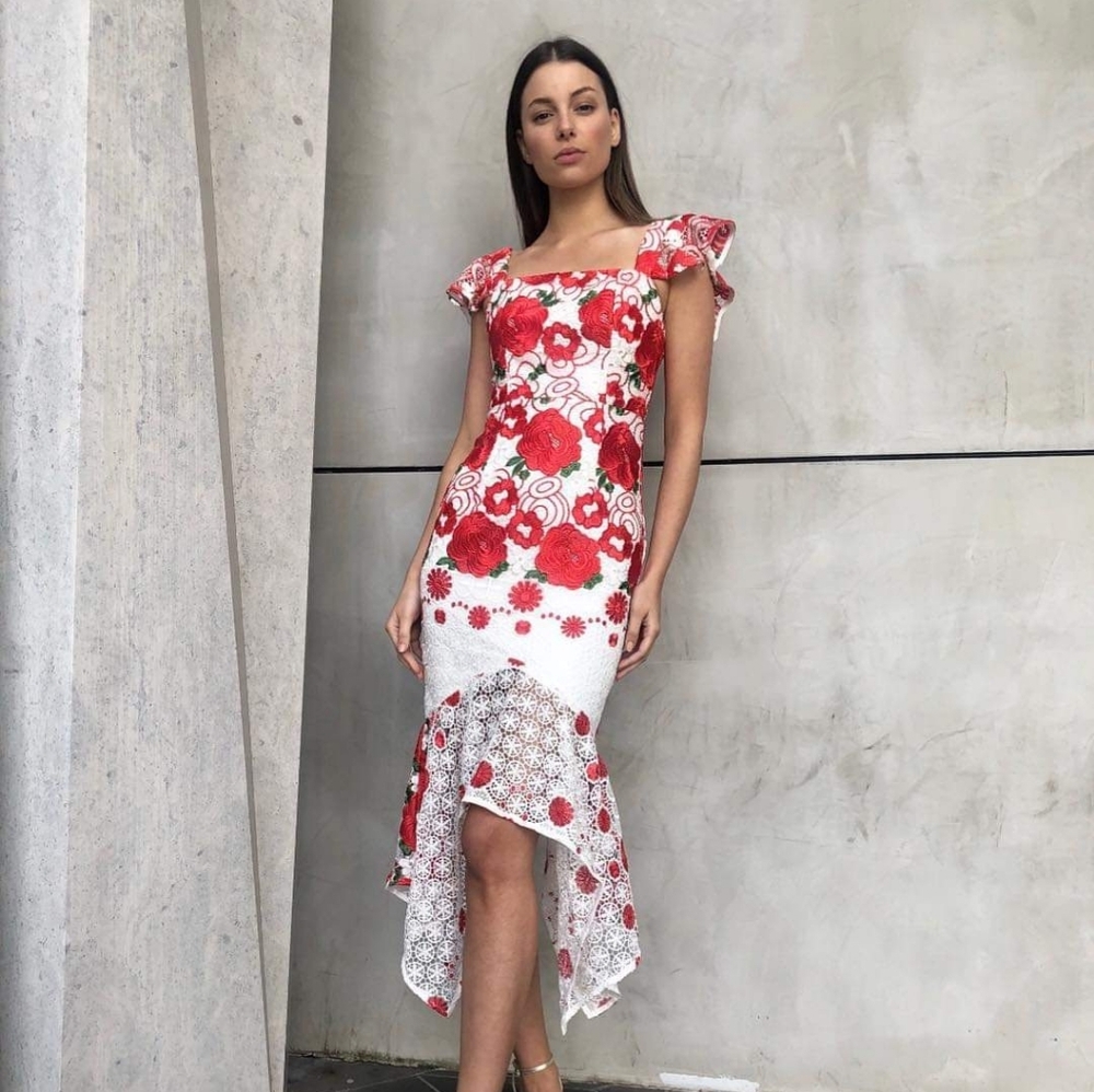 Mossman lace floral red, green and white dress. Size US 2.